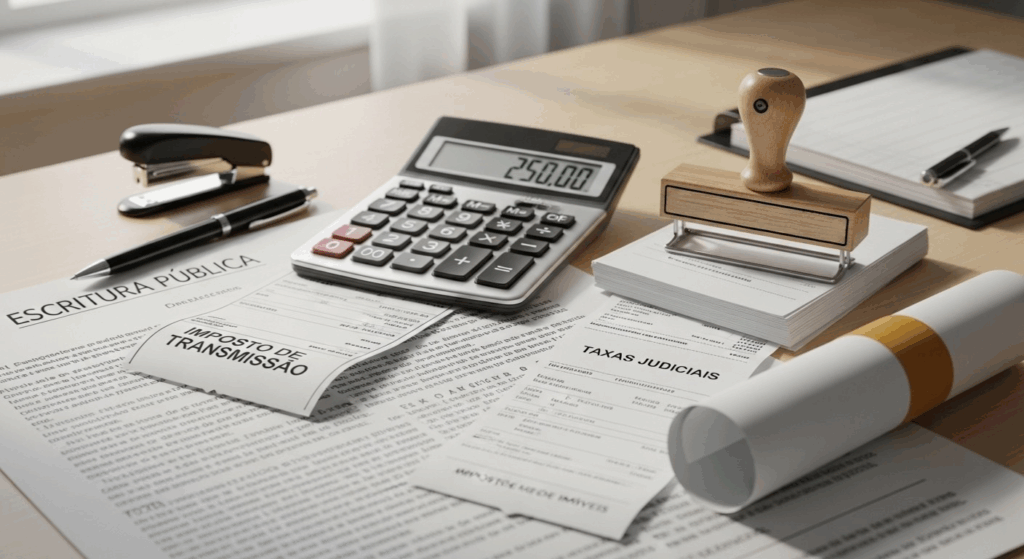 Mesa com calculadora, caneta, carimbo e documentos com os textos “Escritura Pública” e “Imposto de Transmissão”.