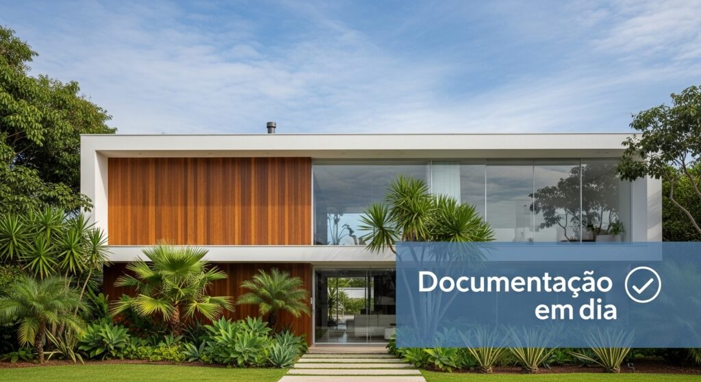 Casa moderna com fachada de madeira e vidro, vegetação ao redor e selo “Documentação em dia”.