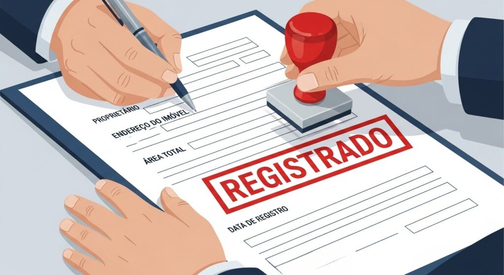 Ilustração de contrato com campos preenchidos e carimbo vermelho com a palavra “REGISTRADO”.