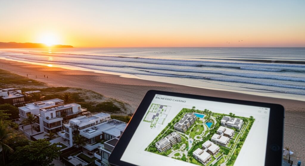 Vista aérea de praia ao pôr do sol com tablet mostrando planta do empreendimento Balneário Cassino.