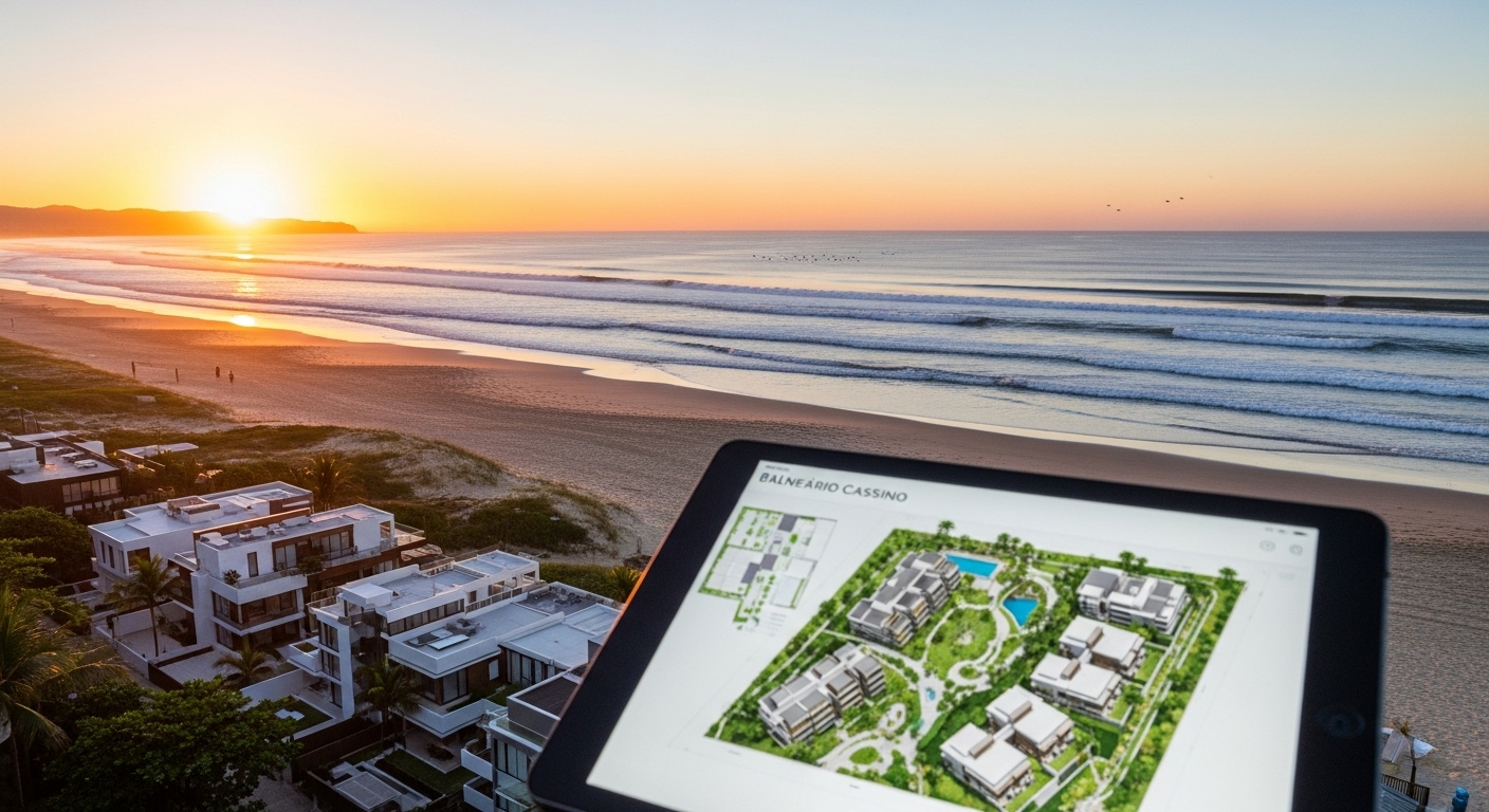 Vista aérea de praia ao pôr do sol com tablet mostrando planta do empreendimento Balneário Cassino.