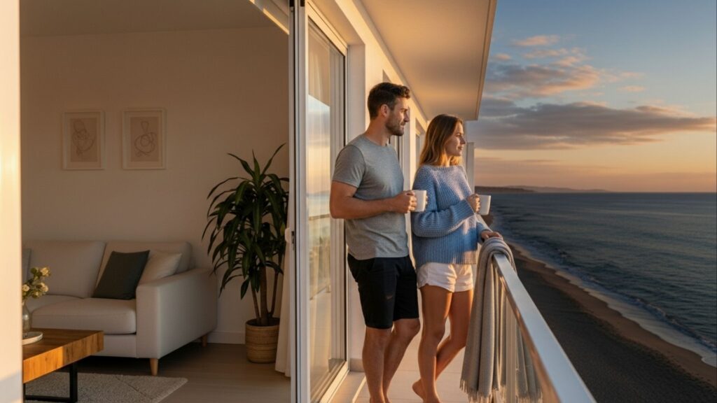 Casal em sacada observando o mar ao pôr do sol, cada um segurando uma caneca.