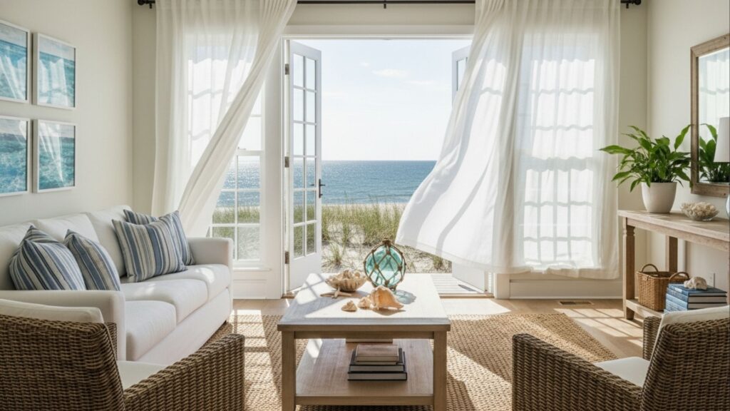Sala iluminada com sofá branco e portas abertas para vista do mar, cortinas esvoaçando com o vento.