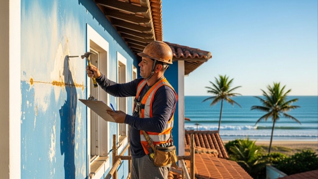 Homem com capacete consertando fachada de casa azul próxima à praia com prancheta e martelo na mão.