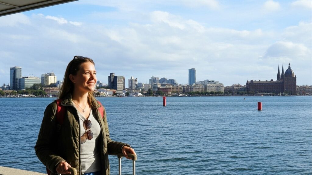Mulher sorrindo com mochila e mala à beira-mar, cidade com prédios altos e igreja ao fundo.