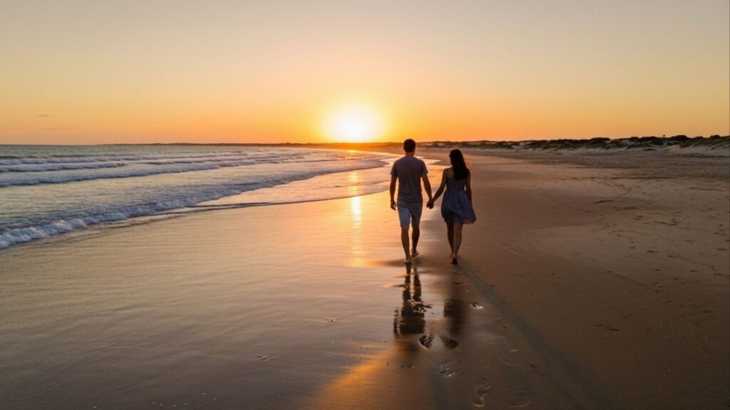 Casal caminhando de mãos dadas na praia durante o pôr do sol, deixando pegadas na areia molhada.