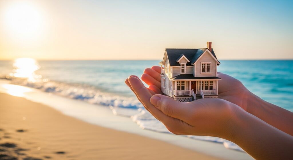 Mãos seguram maquete de casa em frente ao mar, com areia e ondas ao fundo sob luz do pôr do sol.
