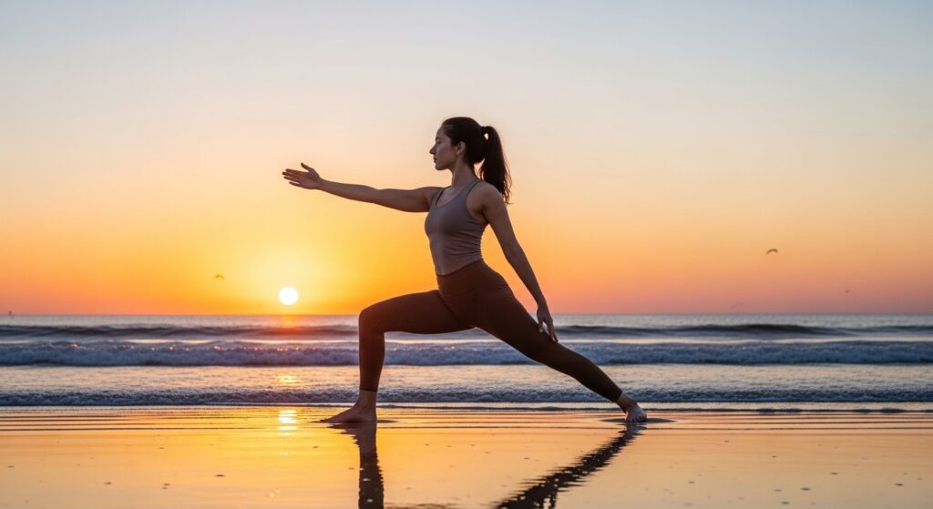 Mulher pratica yoga na praia durante o nascer do sol, em pose com braços estendidos e uma perna flexionada.