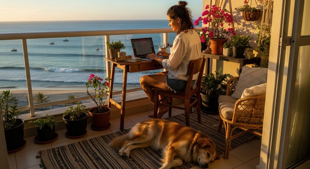 Mulher trabalha em varanda com vista para o mar, rodeada de plantas e com cachorro deitado no tapete.