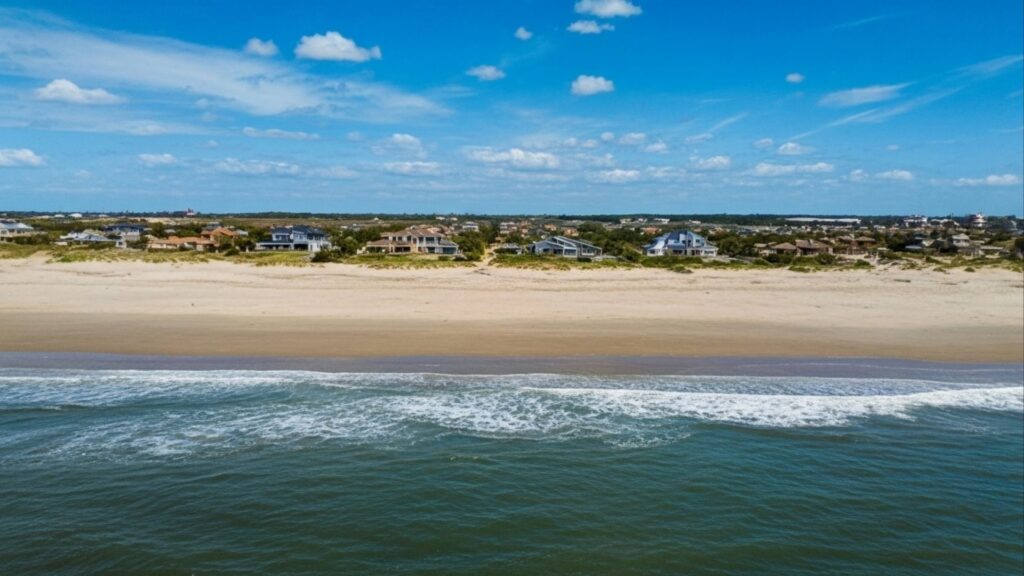 Vista aérea de casas de frente para o mar, separadas da água por ampla faixa de areia.