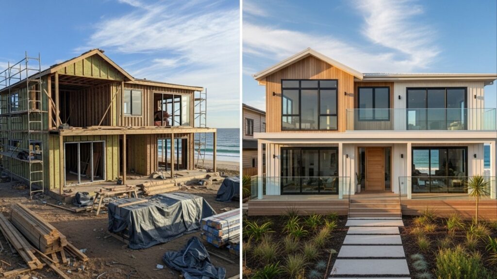 Casa de dois andares à beira-mar em construção e depois finalizada com fachada moderna de madeira e vidro.