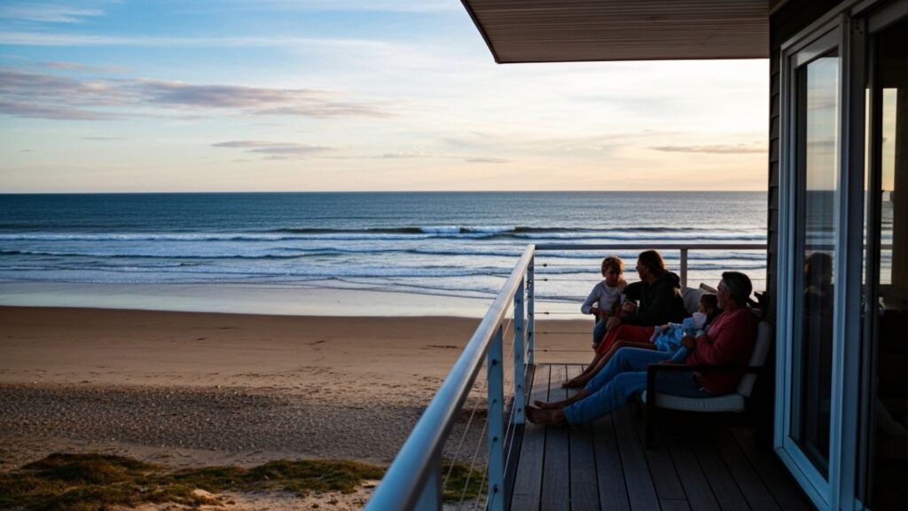 Família sentada em varanda com vista para o mar ao entardecer, conversando e apreciando a paisagem.
