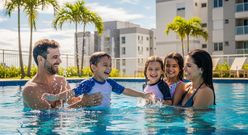 Família com três crianças brincando e sorrindo em piscina de condomínio em dia ensolarado.