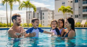 Família com três crianças brincando e sorrindo em piscina de condomínio em dia ensolarado.