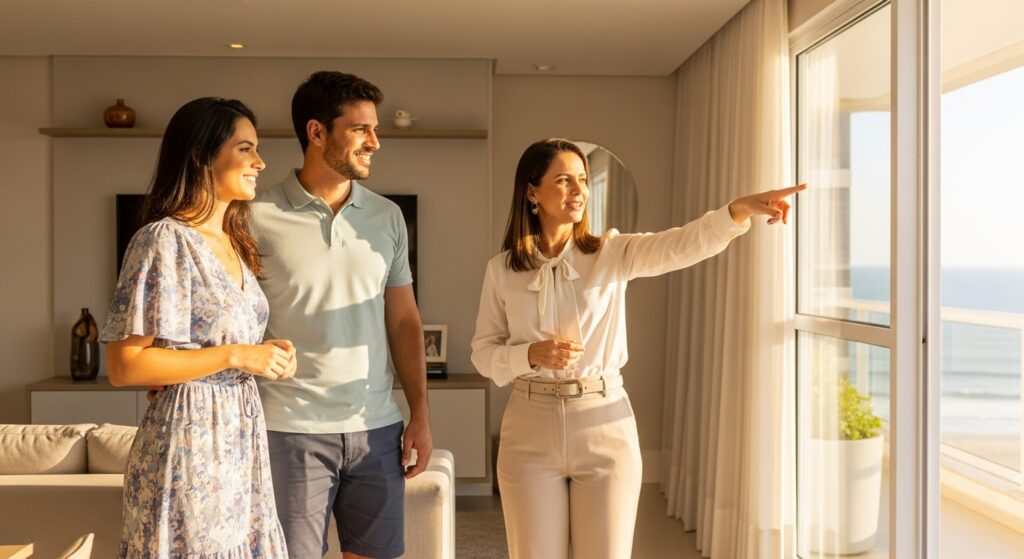 Casal sorridente com corretora dentro de apartamento iluminado, olhando vista da janela para o mar.