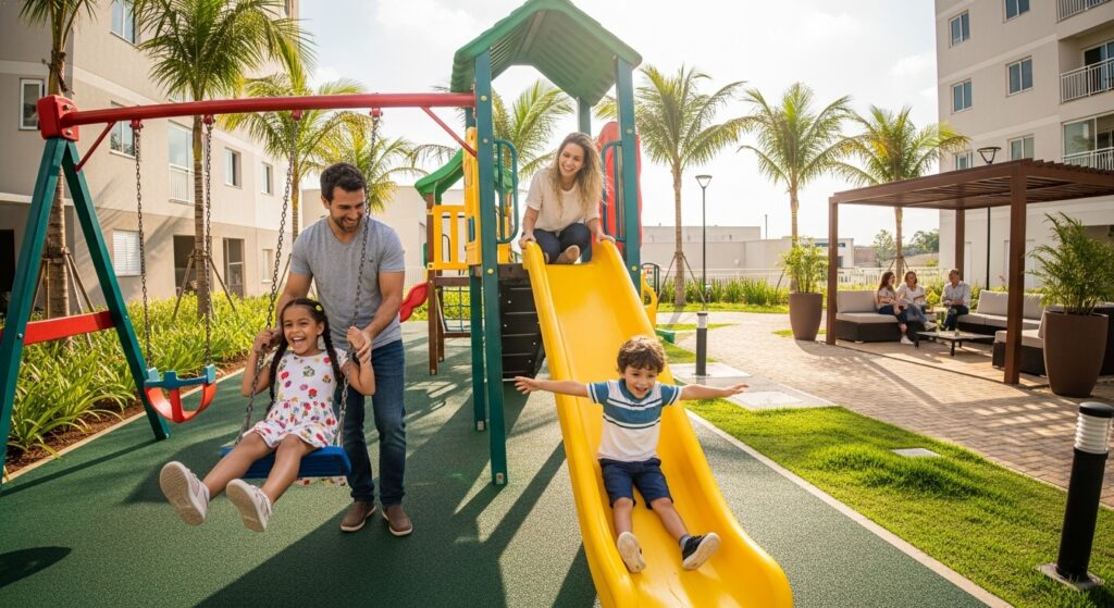 Família brincando em parquinho de condomínio com balanço, escorregador e área de convivência ao fundo.