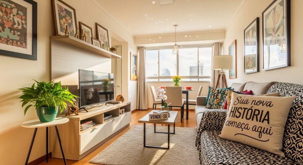 Sala decorada com placa “Vende-se” na mesa e almofada com a frase “Sua nova história começa aqui”.