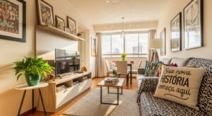 Sala decorada com placa “Vende-se” na mesa e almofada com a frase “Sua nova história começa aqui”.