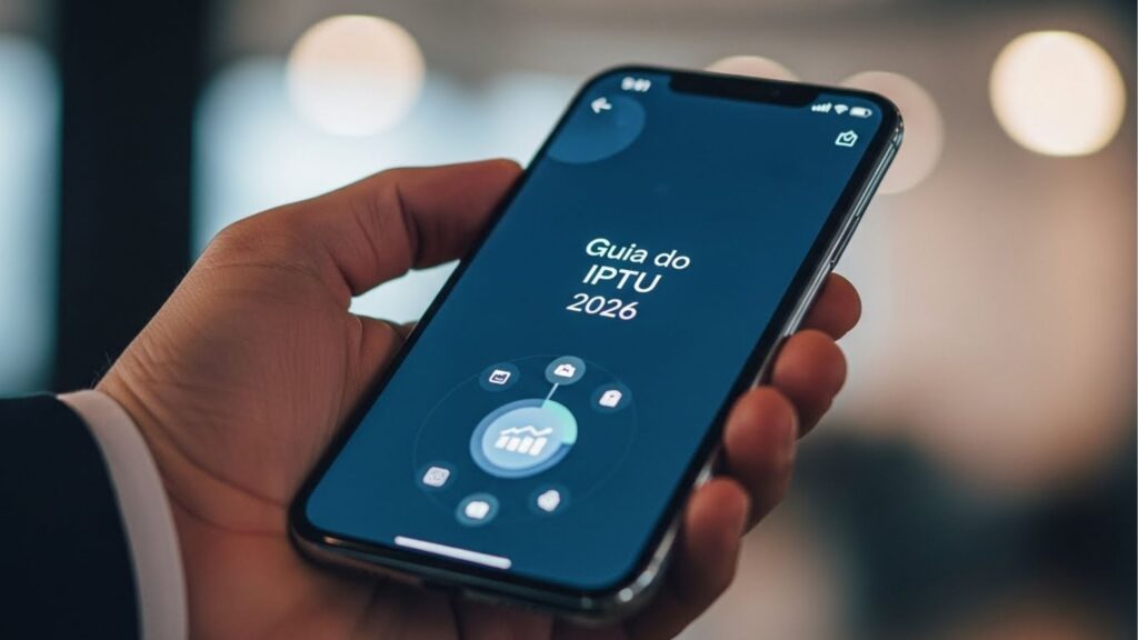 Mão segurando um celular que mostra a tela com o texto “Guia do IPTU 2026” e ícones de navegação em uma interface digital.