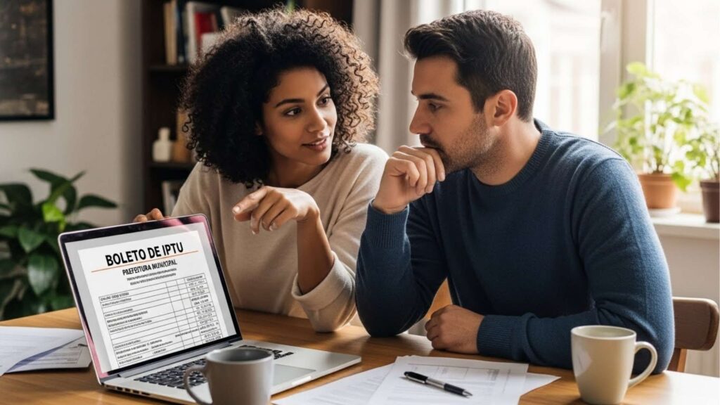 Casal sentado à mesa olhando para a tela de um notebook que exibe um boleto de IPTU com o título “BOLETO DE IPTU – PREFEITURA MUNICIPAL”; ao redor, papéis, caneca e ambiente doméstico com plantas.