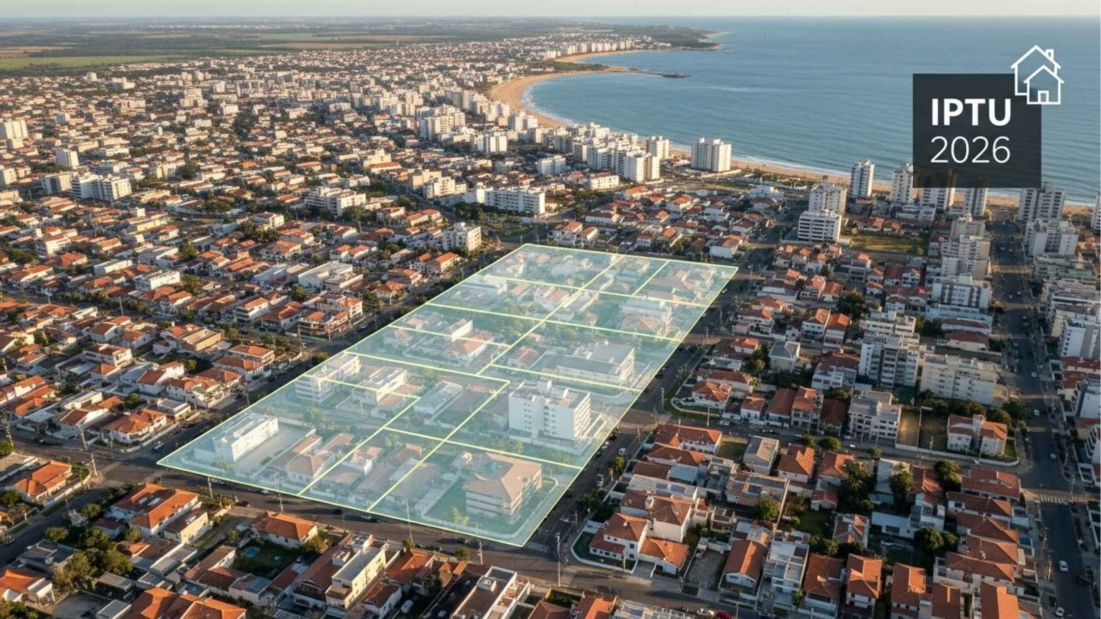 Vista aérea de bairro urbano litorâneo com destaque em transparência sobre algumas quadras residenciais, acompanhada do texto “IPTU 2026” no canto superior direito.