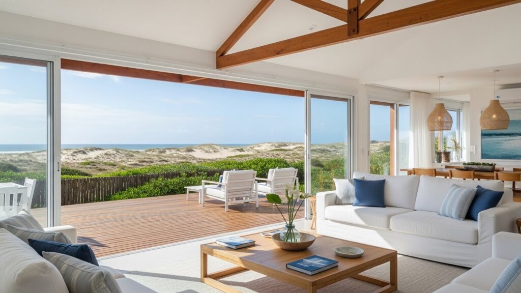 Sala de estar integrada com sala de jantar, sofás brancos, mesa de centro de madeira e grandes portas de vidro com vista para deck, dunas e o mar.