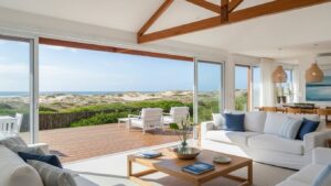 Sala de estar integrada com sala de jantar, sofás brancos, mesa de centro de madeira e grandes portas de vidro com vista para deck, dunas e o mar.