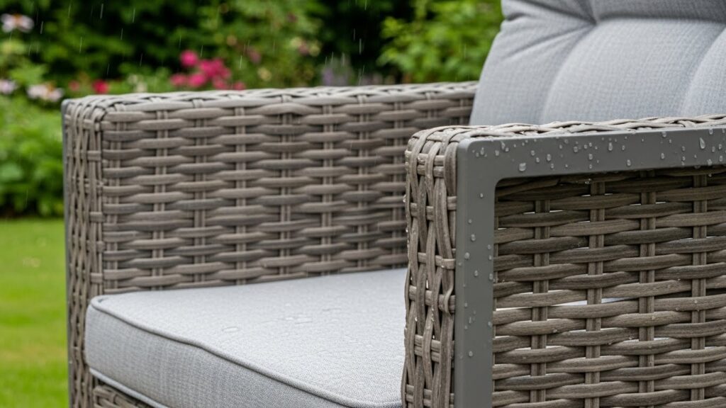 Detalhe de poltrona de fibra sintética com almofada cinza, gotas de chuva sobre o encosto e jardim com flores desfocado ao fundo.
