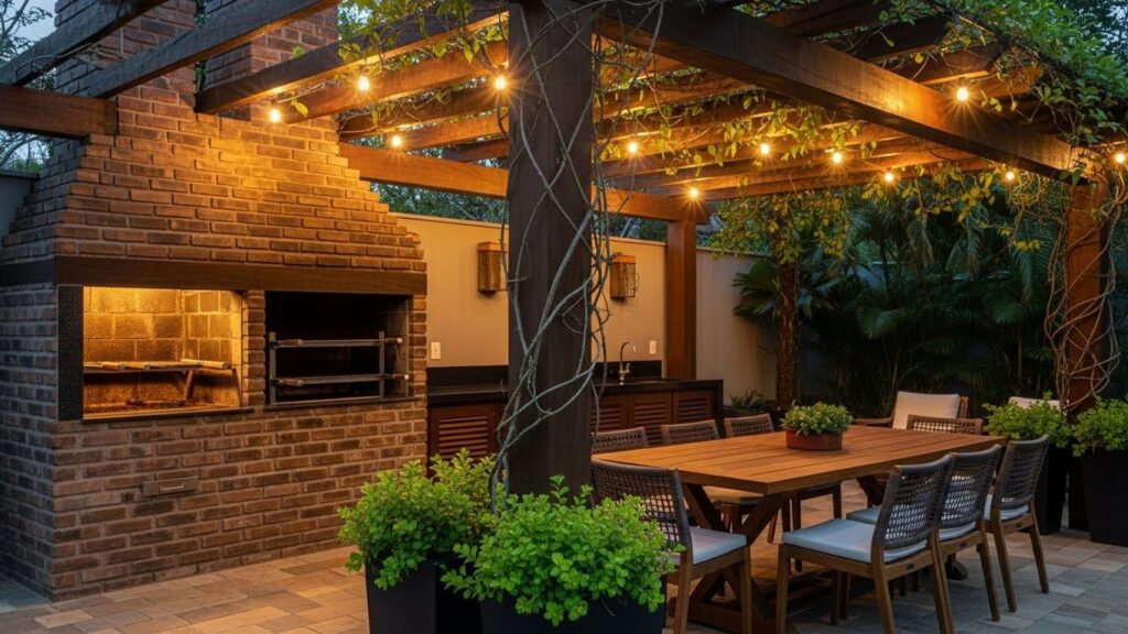Espaço gourmet externo com churrasqueira de tijolos, mesa de jantar com cadeiras, pergolado de madeira com luzes pendentes e plantas decorativas ao redor.