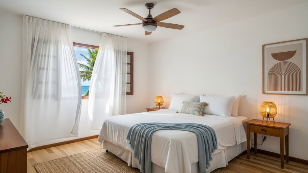 Quarto com cama de casal arrumada, ventilador de teto, criados-mudos com luminárias, cortinas brancas esvoaçantes e vista para coqueiros e o mar pela janela.