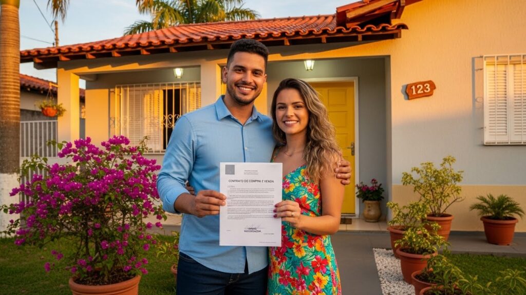 Casal sorridente em frente a casa com fachada clara e porta amarela segurando contrato com o título “Contrato de Compra e Venda”; número 123 visível na parede.
