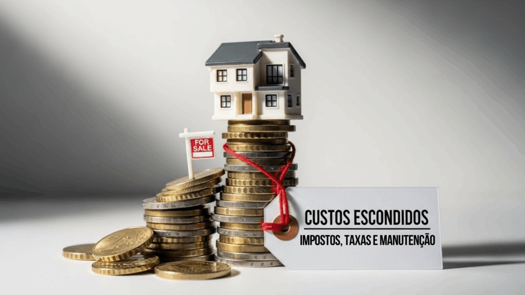 Miniatura de casa sobre pilha de moedas com plaquinha “For Sale” e etiqueta com os dizeres “Custos escondidos – Impostos, taxas e manutenção”.