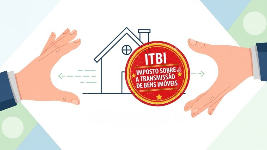 Ilustração de mãos transferindo um imóvel com selo vermelho escrito “ITBI – Imposto sobre a Transmissão de Bens Imóveis”