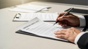 Pessoa assinando contrato de compra e venda sobre mesa clara, com prancheta e documentos ao fundo.