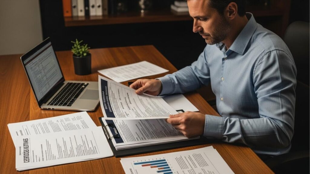 Homem sentado em mesa analisando documentos com gráficos e certidões, ao lado de notebook aberto.