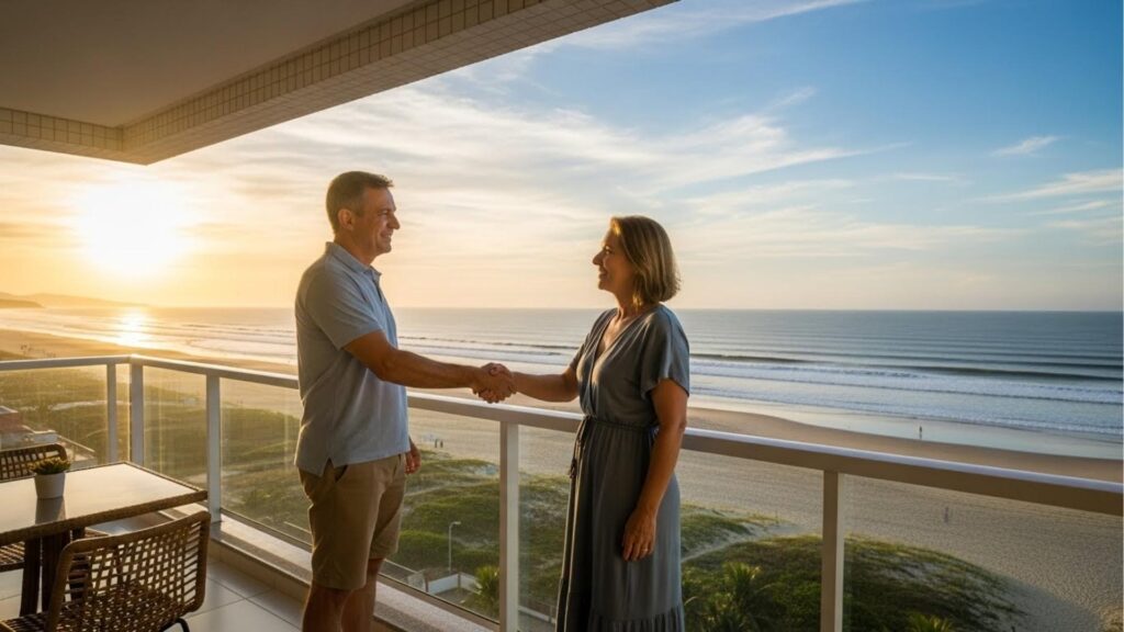 Homem e mulher apertando as mãos em varanda de apartamento com vista para a praia ao pôr do sol.