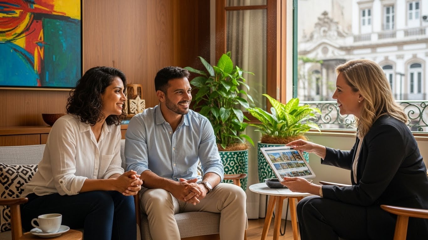 Corretora mostra imóveis em tablet para casal sorridente em sala bem iluminada com decoração moderna e plantas.