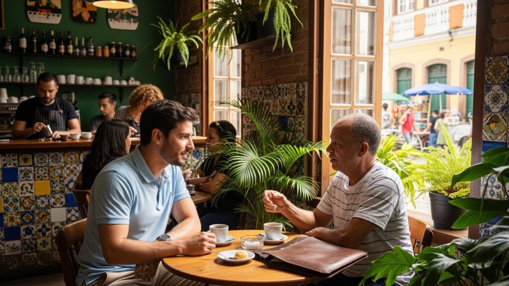 Dois homens sentados em mesa de cafeteria decorada com plantas e azulejos coloridos, conversando enquanto tomam café.
