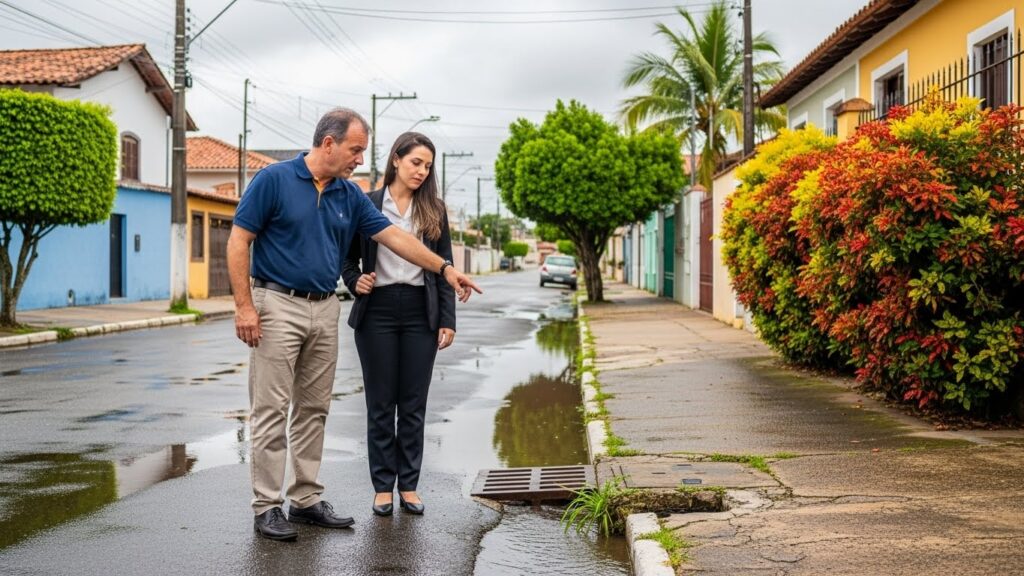 Homem aponta para bueiro em rua parcialmente alagada enquanto conversa com mulher de terno, em bairro residencial arborizado.