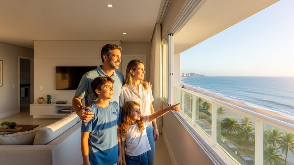 Família com dois filhos em varanda de apartamento, olhando para a praia ao entardecer; menina aponta para o horizonte.