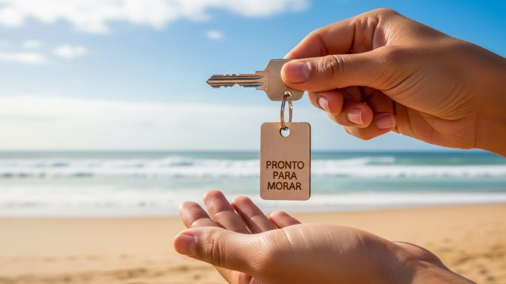 Mãos segurando uma chave com chaveiro escrito “PRONTO PARA MORAR”, tendo o mar e a praia como plano de fundo.