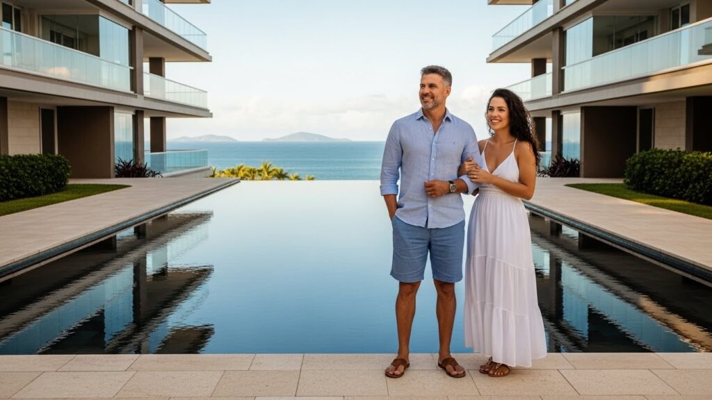 Casal sorridente em frente a uma piscina de borda infinita entre edifícios modernos, com vista para o mar ao fundo.