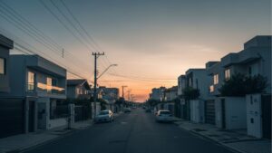 Rua residencial com casas modernas dos dois lados, calçadas com carros estacionados e céu com cores do entardecer.