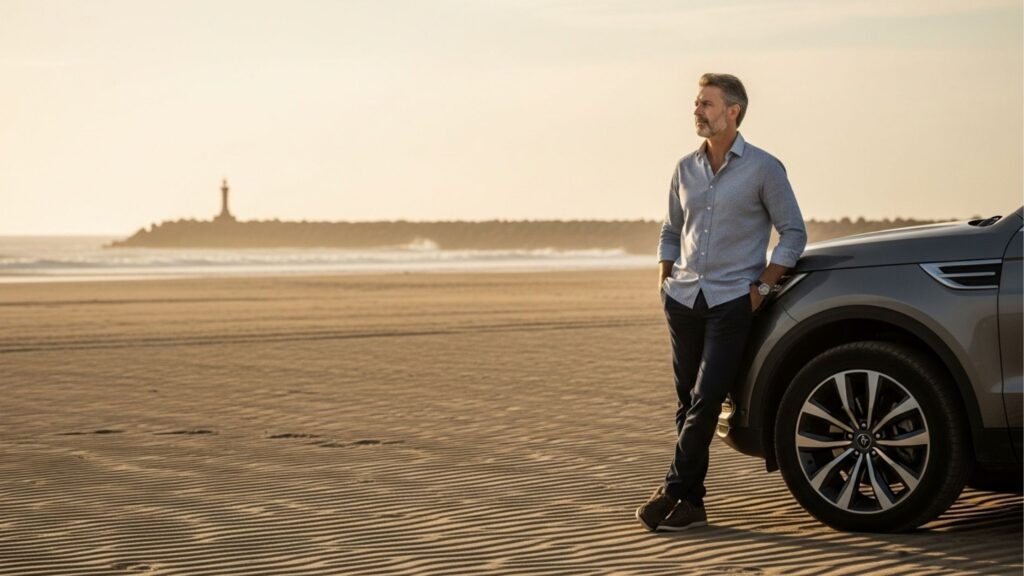 Homem de meia-idade encostado em um carro de luxo em uma praia deserta ao entardecer, simbolizando o estilo de vida e liberdade de investir em imóveis compactos no litoral.