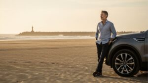 Homem de meia-idade encostado em um carro de luxo em uma praia deserta ao entardecer, simbolizando o estilo de vida e liberdade de investir em imóveis compactos no litoral.