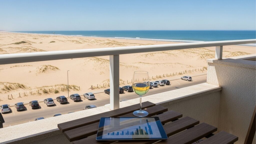 Vista panorâmica de uma varanda de apartamento compacto para o mar e dunas, com um tablet exibindo gráficos financeiros e uma taça de vinho sobre a mesa de madeira.