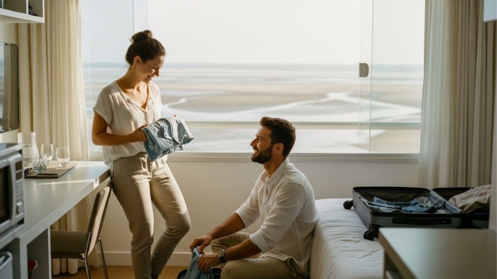 Casal jovem sorridente organizando malas em um apartamento compacto moderno e iluminado, com vista para o mar através de uma grande janela de vidro.
