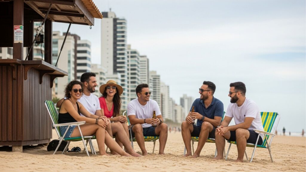Grupo de seis amigos sentados em cadeiras de praia conversando e bebendo em frente a um quiosque, com grandes edifícios de apartamentos de veraneio ao fundo.