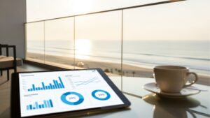 Tablet com gráficos e indicadores sobre mesa com xícara de café e vista do mar ao fundo.