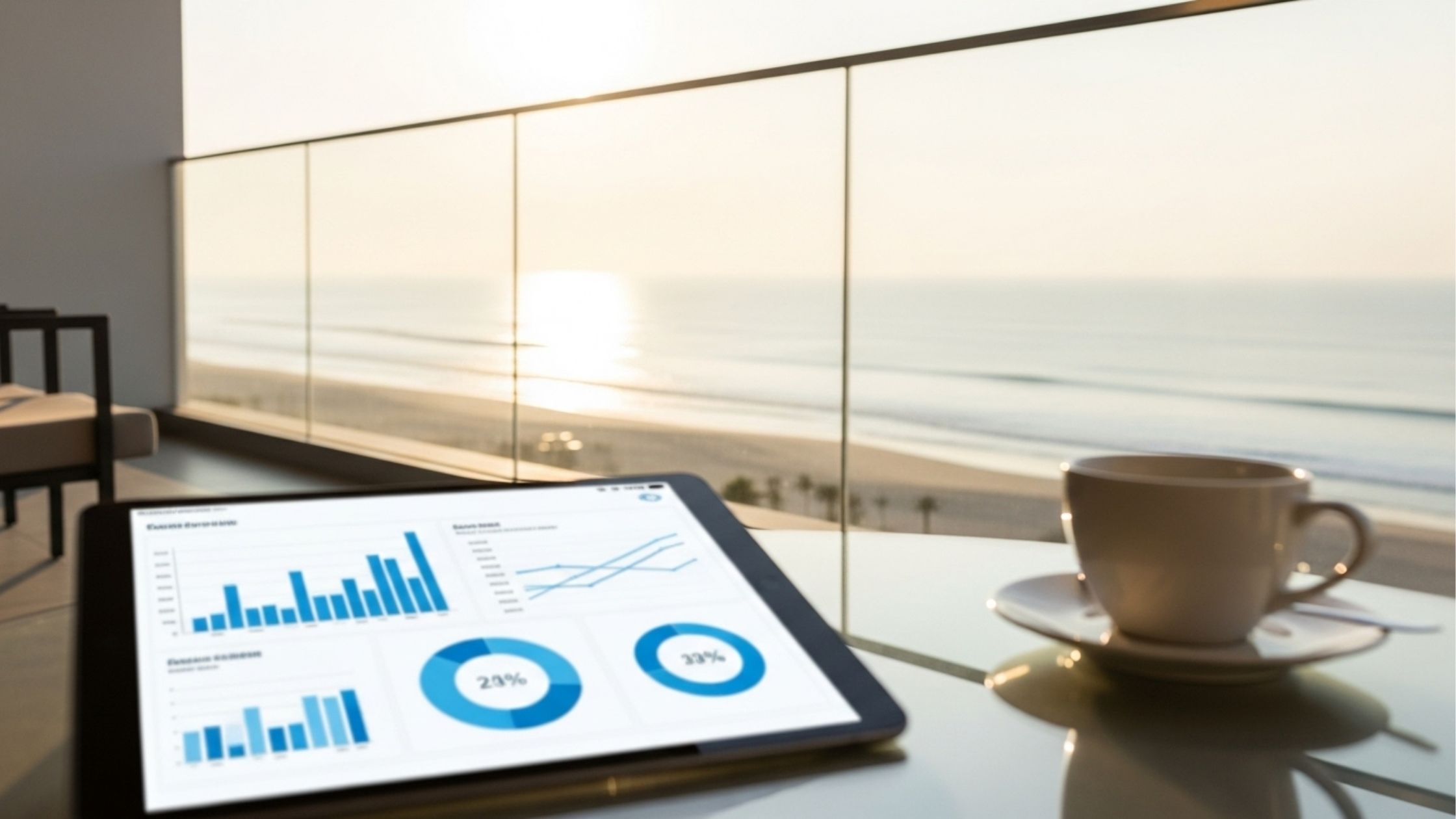 Tablet com gráficos e indicadores sobre mesa com xícara de café e vista do mar ao fundo.